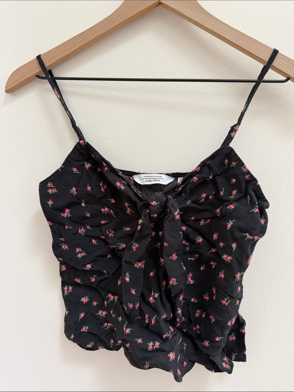 &Other Stories Black Floral Tie-Front Cami with Pink Accents